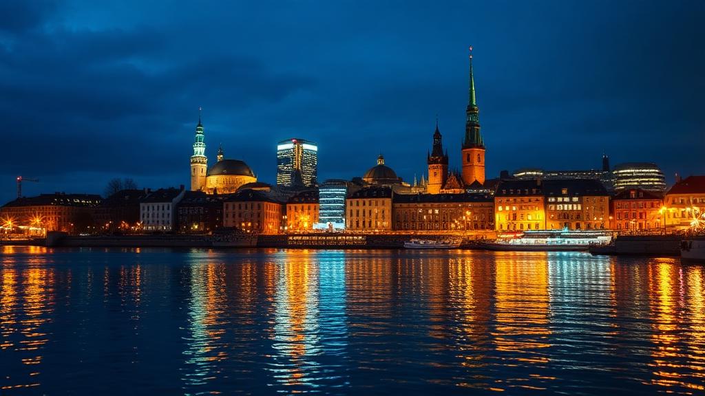 Stockholm waterfront skyline at night