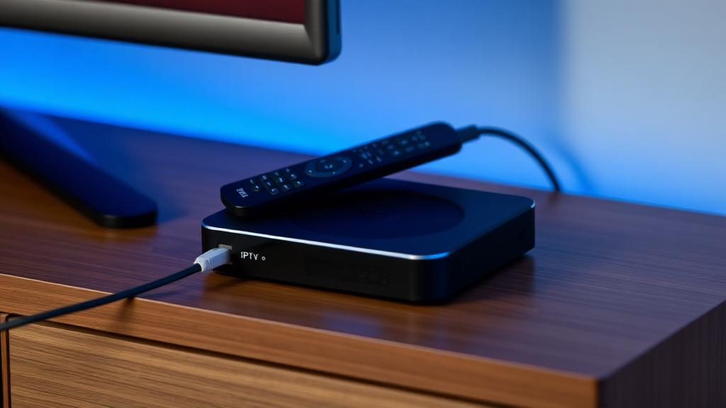 Android IPTV set-top box with remote on wooden TV stand